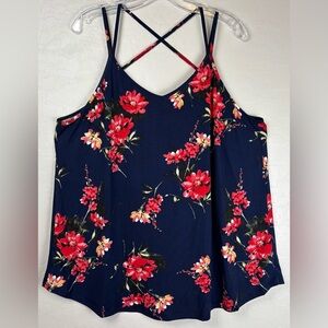 Papermoon Navy Blue Floral Cami Tank Top 2X Red Flowers Strappy Back 1168